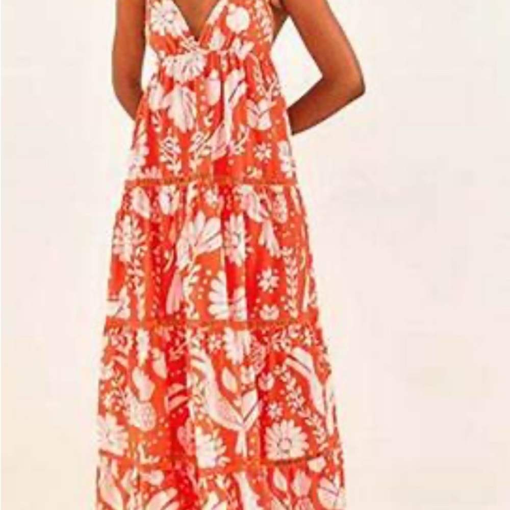 FARM Rio Orange and White Tiered Ruffled Maxi Dress